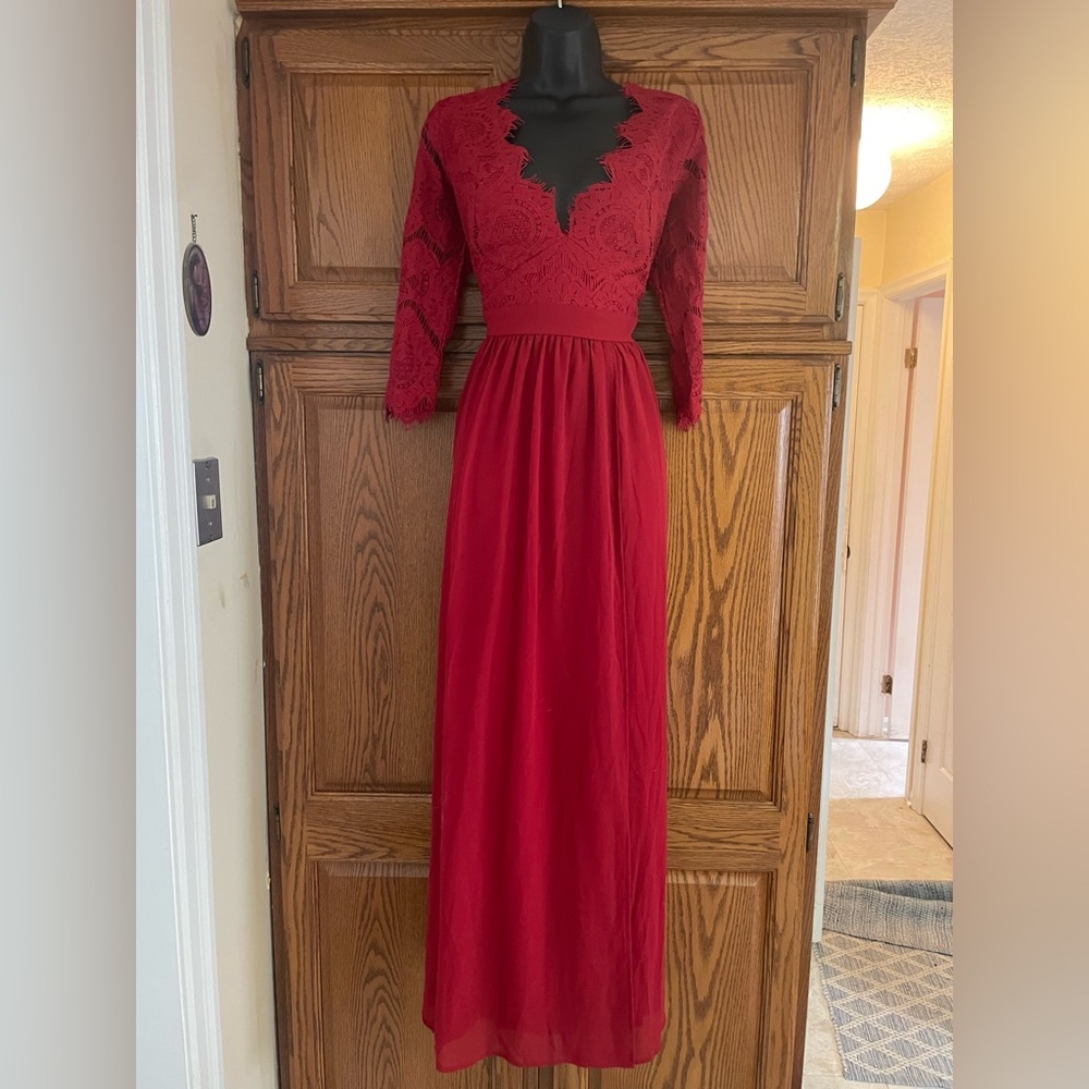 Sheshow Maroon Dress, Lace Sleeves and Bodice, side slit
